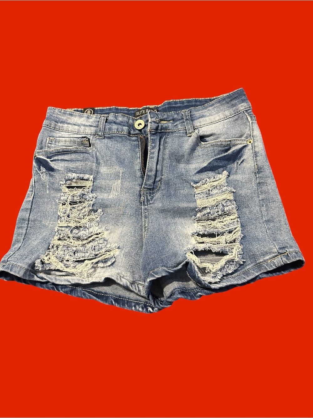Elite Denim Distressed High-Rise Jean Shorts - Light Blue